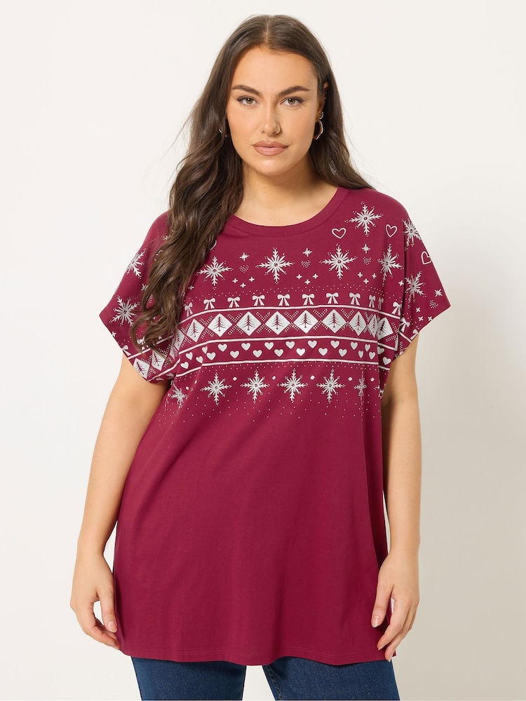Yours Curve Red Grownon Fairisle Glitter T-Shirt - Image 1 of 5 Yours Curve Red Grownon Fairisle Glitter T-Shirt - Image 1 of 5