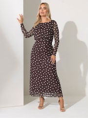 Yours Curve Brown London Polkadot Gathered Mesh Dress - Image 1 of 5