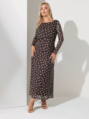 Yours Curve Brown London Polkadot Gathered Mesh Dress - Image 1 of 5