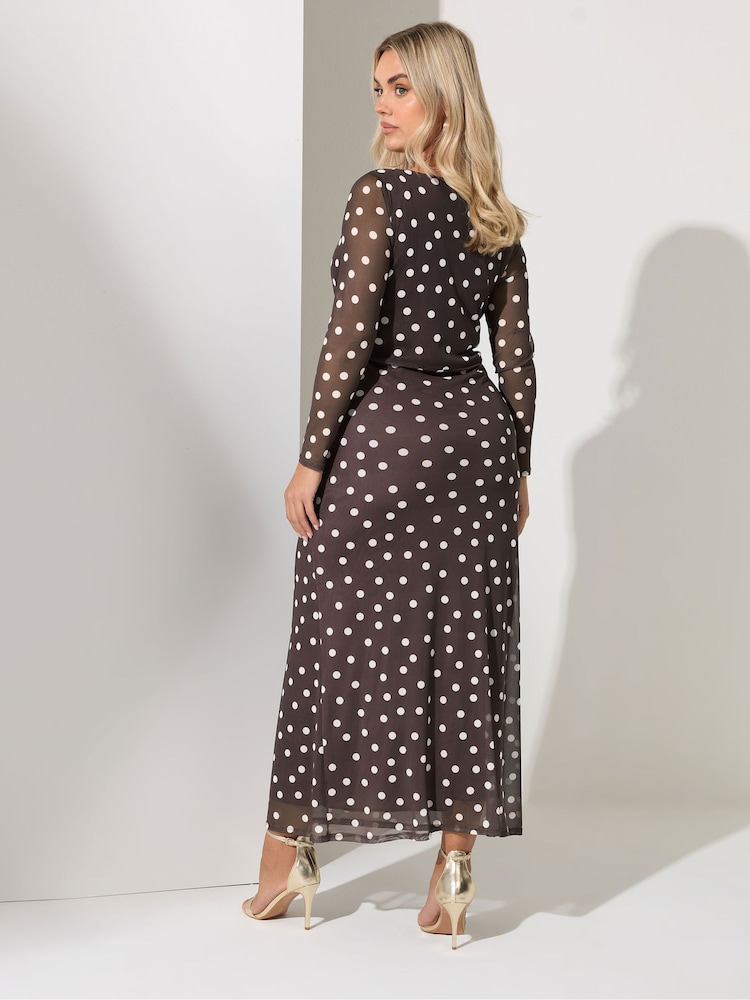 Yours Curve Brown London Polkadot Gathered Mesh Dress - Image 5 of 5