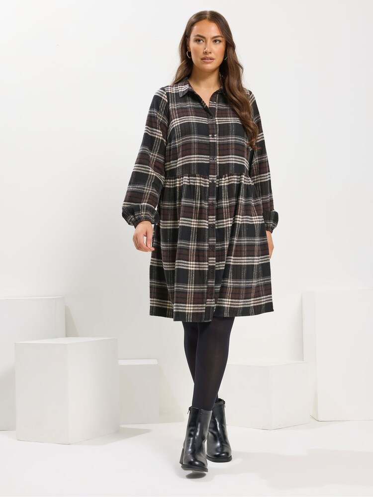 Yours Curve Black Check Shirt Dress - Image 2 of 5 Yours Curve Black Check Shirt Dress - Image 2 of 5