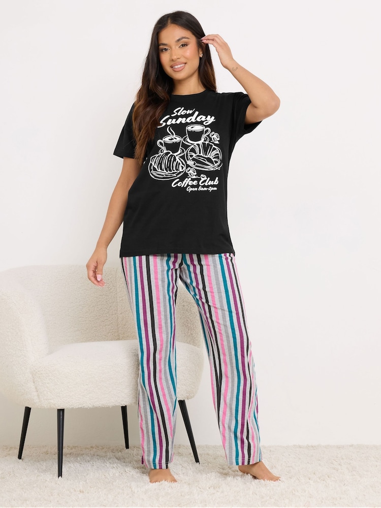 PixieGirl Petite Black Sunday Coffee Club Short Sleeve Wide Leg PJ Set - Image 1 of 5