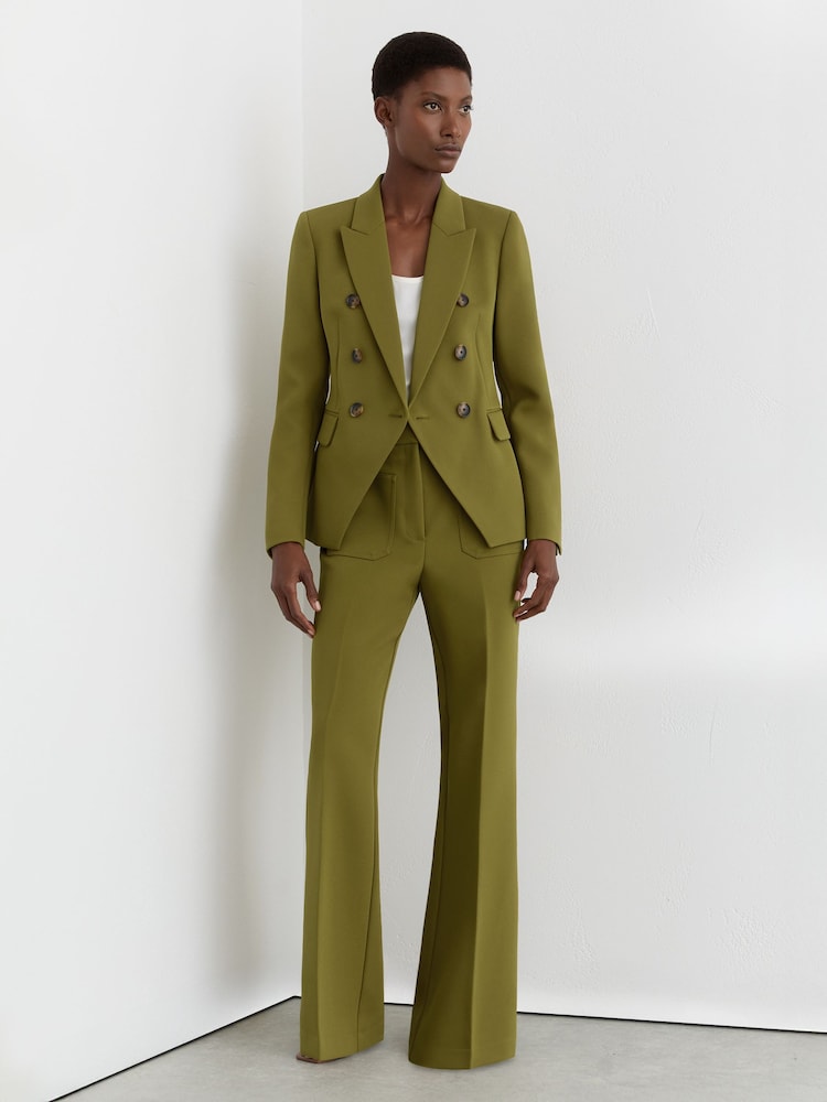 Reiss Chartreuse Green Priya Twill High-Rise Flared Trousers - Image 1 of 7 Reiss Chartreuse Green Priya Twill High-Rise Flared Trousers - Image 1 of 7
