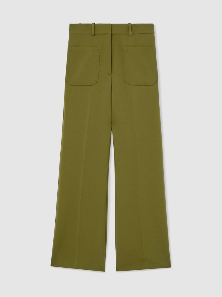 Reiss Chartreuse Green Priya Twill High-Rise Flared Trousers - Image 2 of 7 Reiss Chartreuse Green Priya Twill High-Rise Flared Trousers - Image 2 of 7