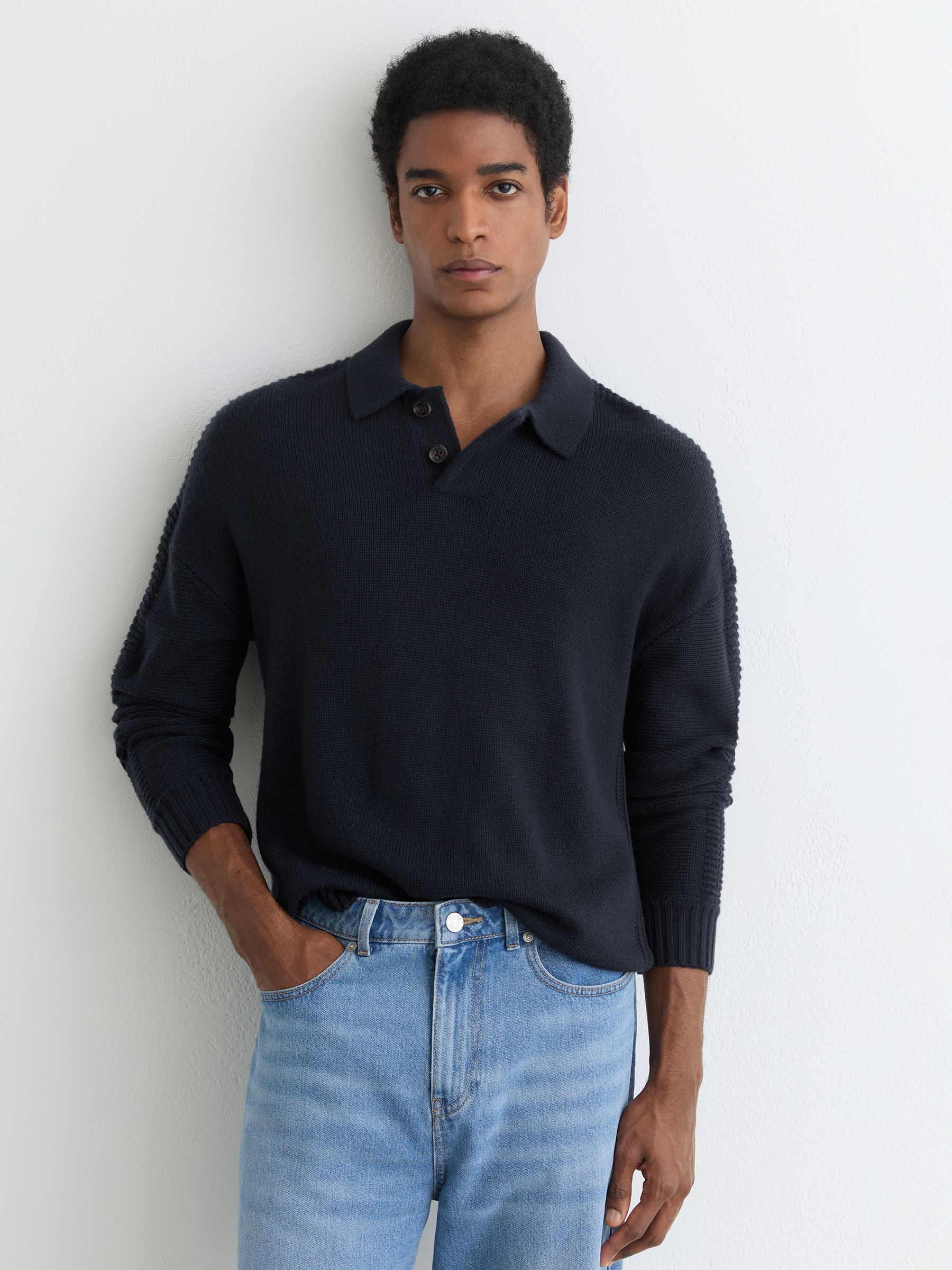 Buy Reiss Navy Elm Wool-Blend Half-Button Polo Jumper from Next USA