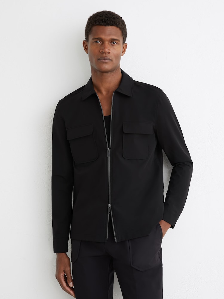 Reiss Black Ascend Technical Zip-Through Overshirt - Image 1 of 5