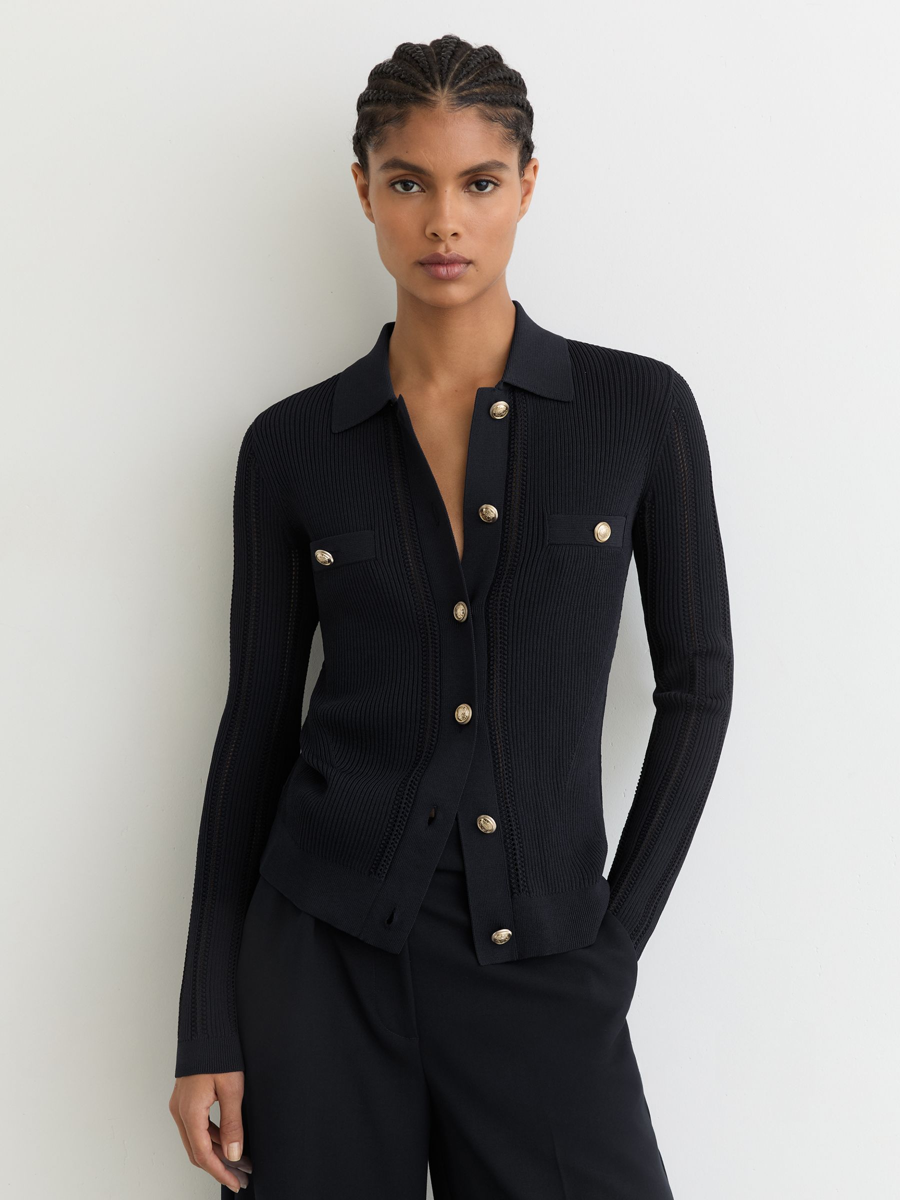 Buy Reiss Navy Harri Button-Through Knitted Top with Collar from