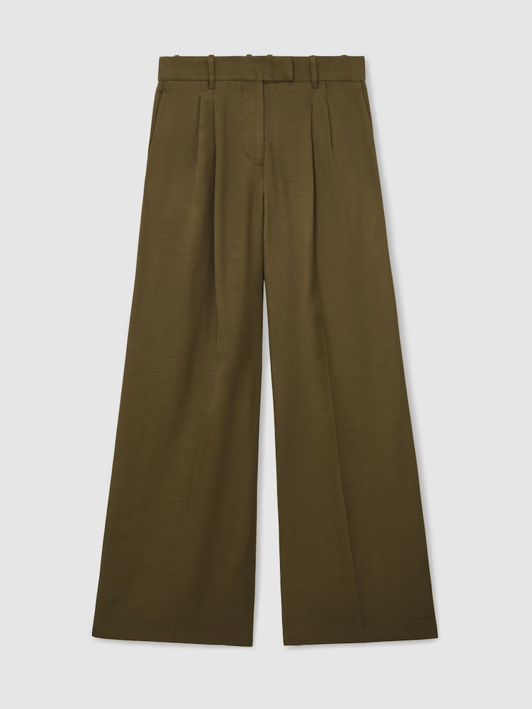 Reiss Khaki Green Cora Petite Wide-Leg Pleated Trousers - Image 2 of 7 Reiss Khaki Green Cora Petite Wide-Leg Pleated Trousers - Image 2 of 7