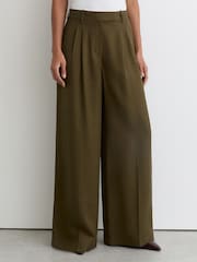 Reiss Khaki Green Cora Petite Wide-Leg Pleated Trousers - Image 3 of 7
