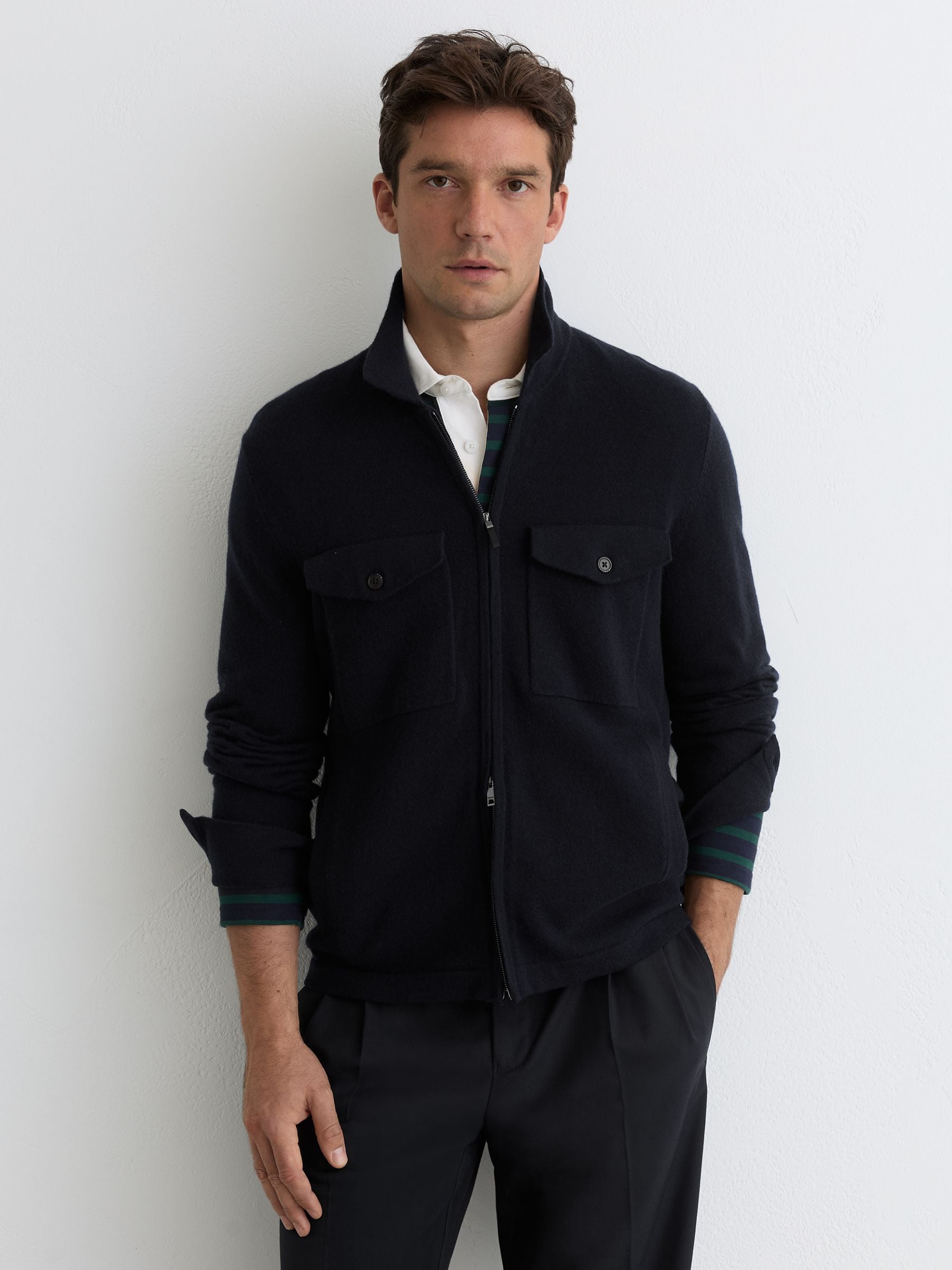 Buy Reiss Navy Dunstall Wool Knitted Zip-Through Overshirt from