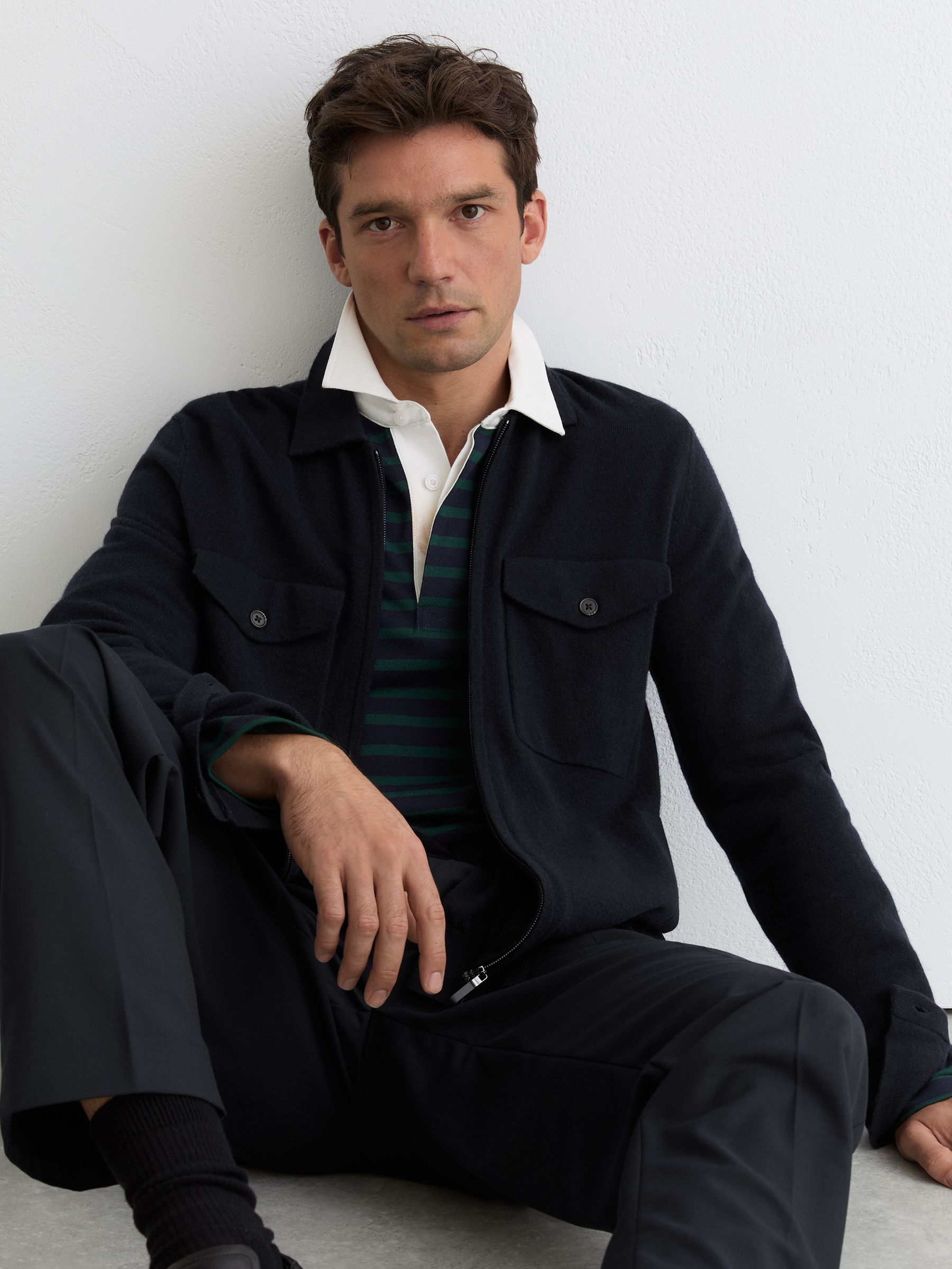 Buy Reiss Navy Dunstall Wool Knitted Zip-Through Overshirt from