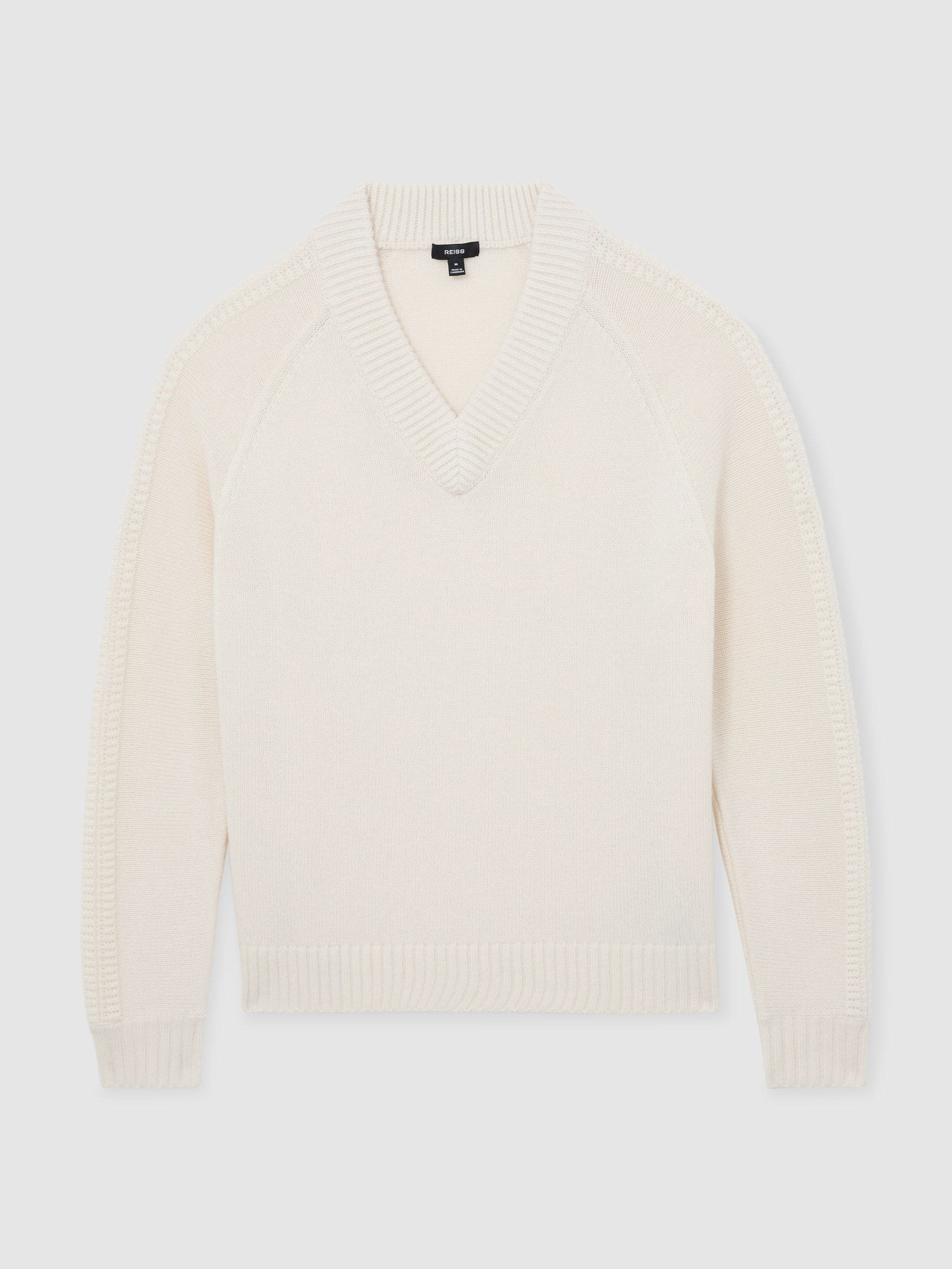 Buy Reiss White Hawthorne Wool-Blend Rib-Detail V-Neck Jumper from