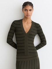 Reiss Khaki Green/Black Lauralee Stripe Craft-Stitch Rib-Knit Top - Image 1 of 6