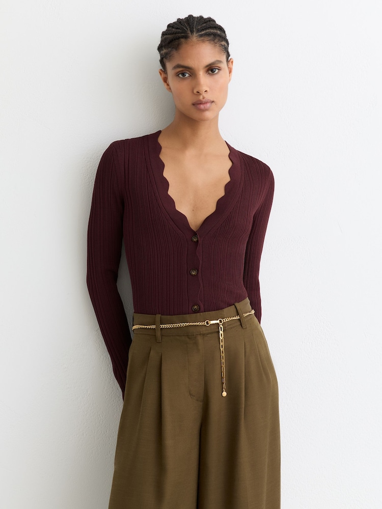Reiss Burgundy Vinny Rib-Knit Scallop-Trim Cardigan - Image 1 of 6