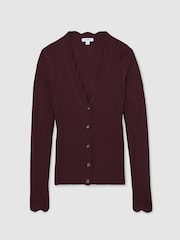Reiss Burgundy Vinny Rib-Knit Scallop-Trim Cardigan - Image 2 of 6