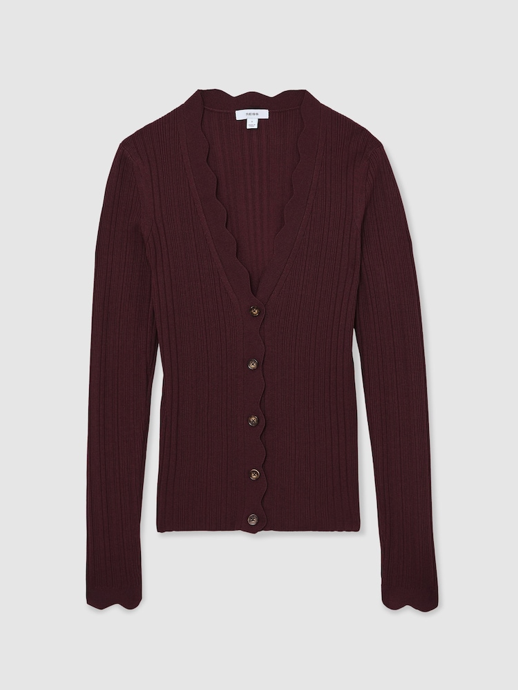 Reiss Burgundy Vinny Rib-Knit Scallop-Trim Cardigan - Image 2 of 6