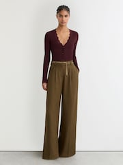 Reiss Burgundy Vinny Rib-Knit Scallop-Trim Cardigan - Image 3 of 6