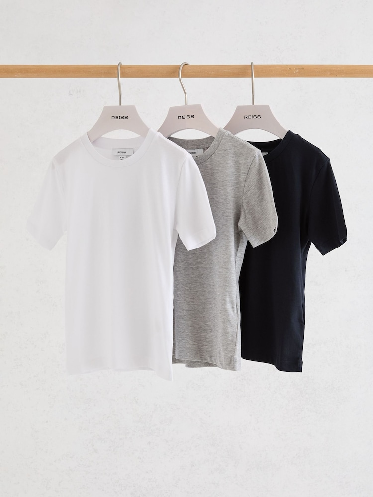 Reiss White/Navy/Grey Bless 3 Pack Cotton Crew-Neck T-Shirts - Image 2 of 3