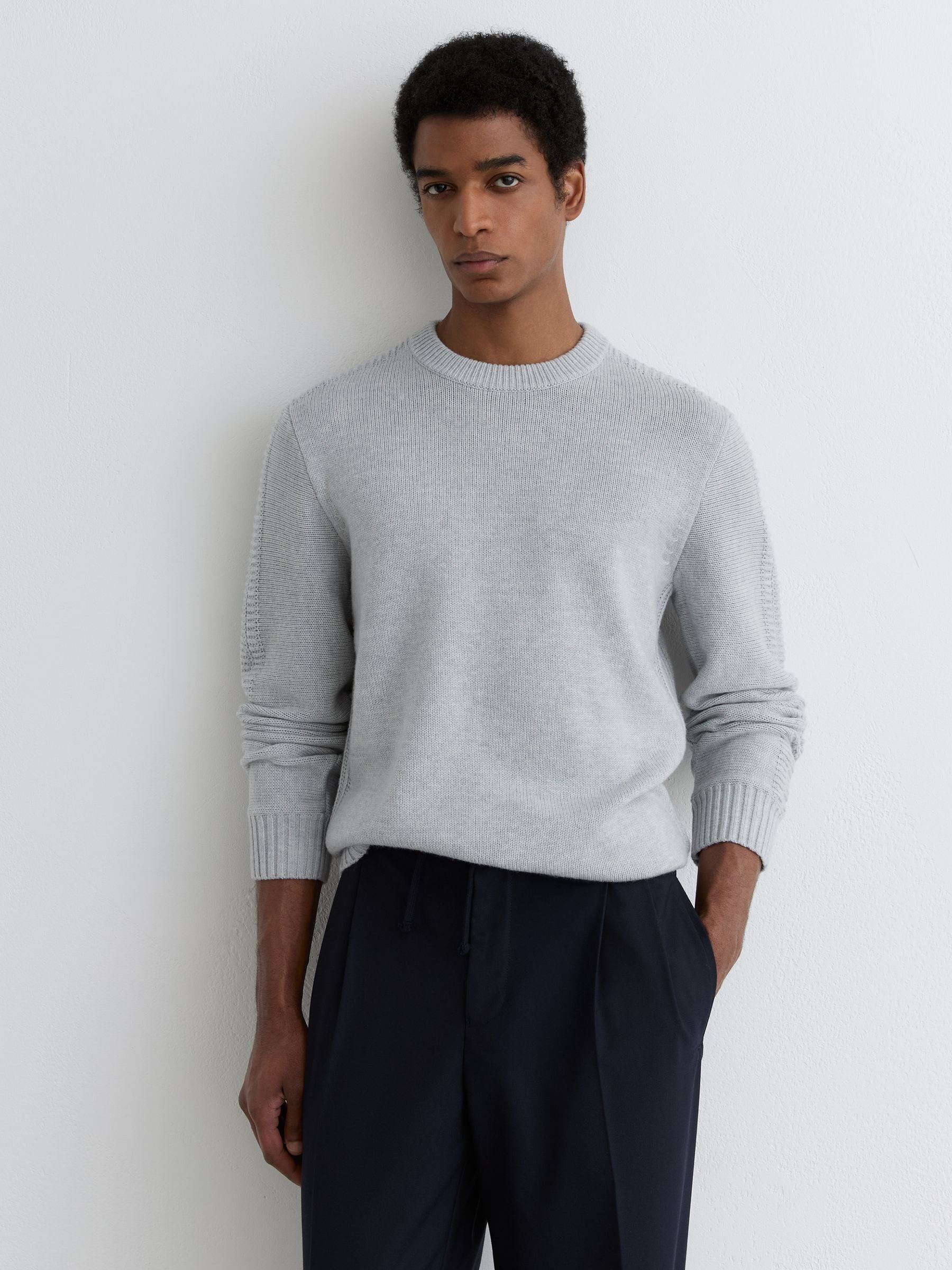 Buy Reiss Soft Grey Beech Wool-Blend Rib-Detail Crew-Neck Jumper