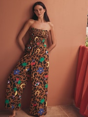 Eleanor Bowmer Leopard Icons Shirrred 100% Cotton Beach Jumpsuit - Image 1 of 8