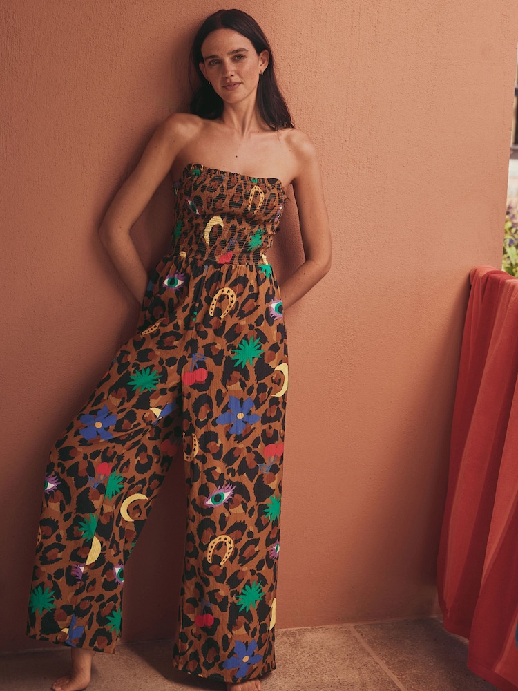 Eleanor Bowmer Leopard Icons Shirrred 100% Cotton Beach Jumpsuit - Image 1 of 8