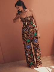 Eleanor Bowmer Leopard Icons Shirrred 100% Cotton Beach Jumpsuit - Image 2 of 8