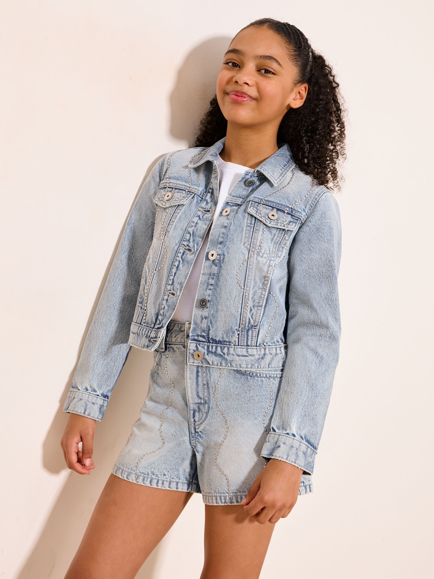 denim jacket × silver necklace 2 Buy Lipsy Light Wash Blue Embellished Denim Jacket (5-16yrs) from