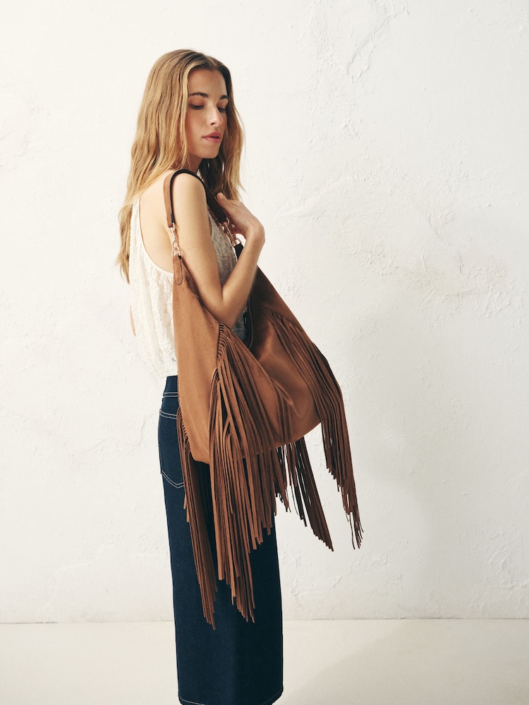 Μπρούτζινο καφετί - Suedette Fringe Shoulder Bag - Εικόνα 1 από 9