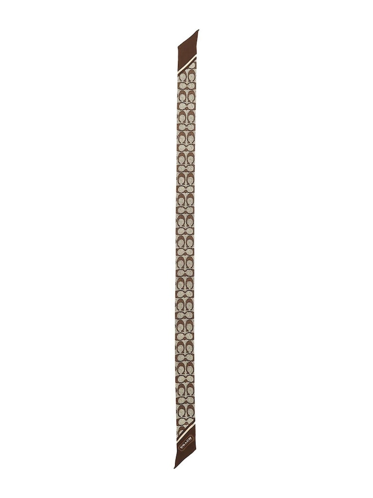 COACH Brown Textured Signature C Printed Silk Skinny Scarf - Image 1 of 4