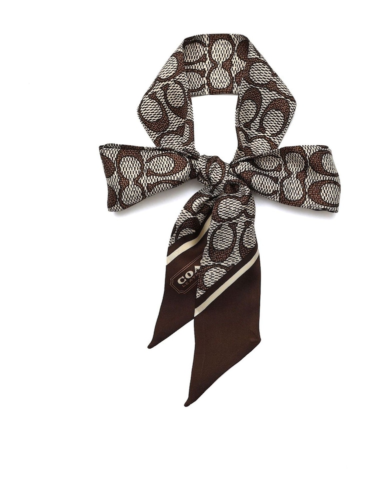 COACH Brown Textured Signature C Printed Silk Skinny Scarf - Image 2 of 4