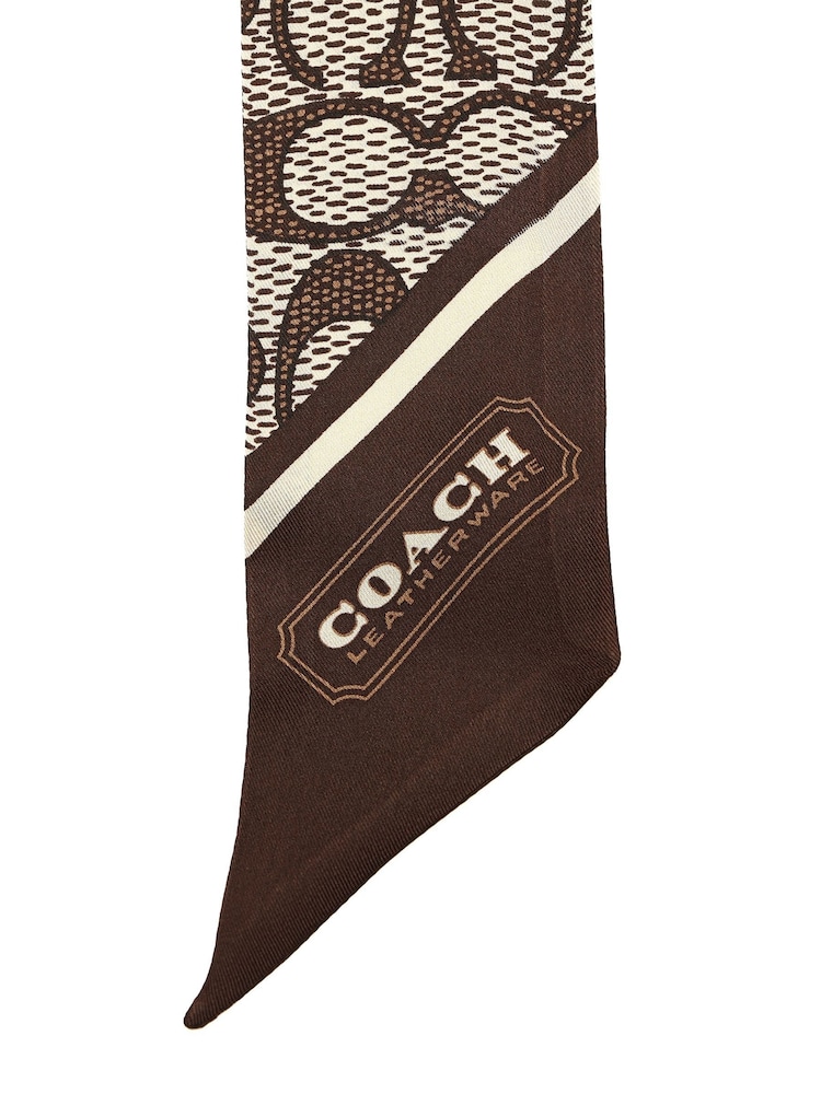 COACH Brown Textured Signature C Printed Silk Skinny Scarf - Image 4 of 4