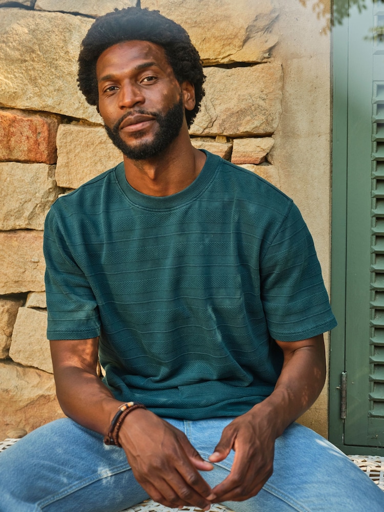 FatFace Bexley Dark Teal Blue Textured Stripe Tshirt - Image 1 of 7