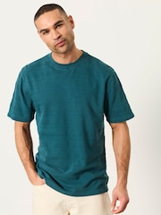 FatFace Bexley Dark Teal Blue Textured Stripe Tshirt - Image 2 of 7