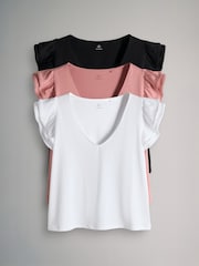 The Set 3 Pack V-Neck Frill Sleeve T-Shirt Black/Pink/White - Image 1 of 6
