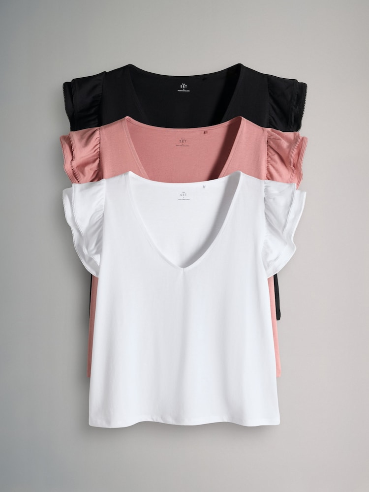 The Set 3 Pack V-Neck Frill Sleeve T-Shirt Black/Pink/White - Image 1 of 6