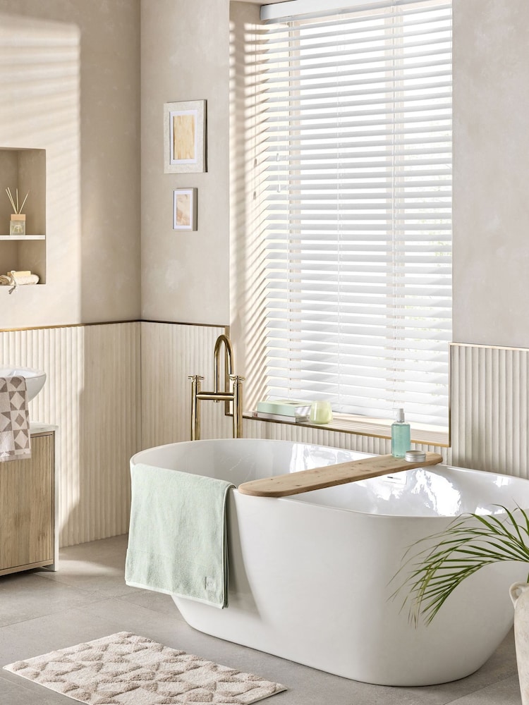 White Serene Made To Measure 50mm Sunwood Fauxwood Venetian Blinds - Image 1 of 5 White Serene Made To Measure 50mm Sunwood Fauxwood Venetian Blinds - Image 1 of 5