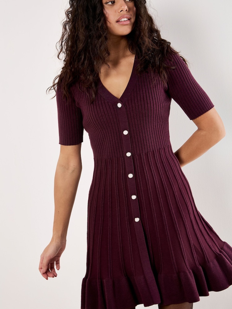 Apricot Red Ribbed Fit And Flare Dress - Image 1 of 4
