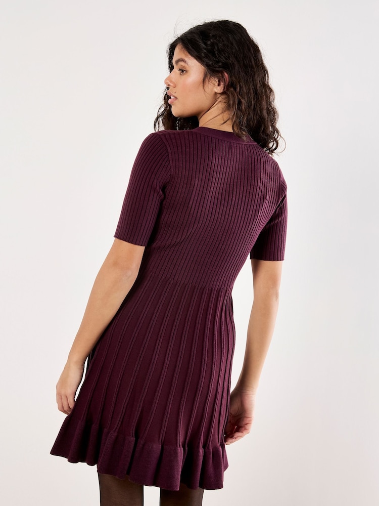 Apricot Red Ribbed Fit And Flare Dress - Image 4 of 4