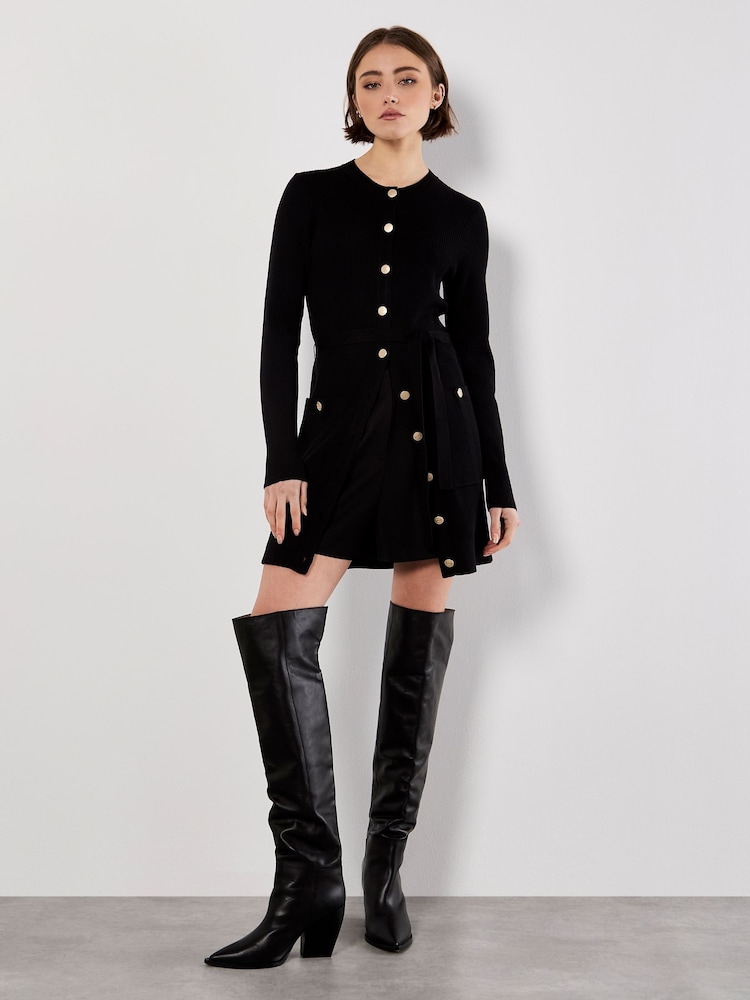 Apricot Black Gold Button Two Poket Rib Mini Dress - Image 2 of 4 Apricot Black Gold Button Two Poket Rib Mini Dress - Image 2 of 4
