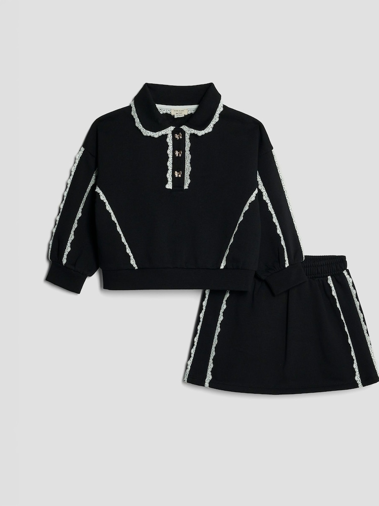 River Island Black Younger Girls Lace Collar Sweatshirt and Skirt Set - Image 1 of 5 River Island Black Younger Girls Lace Collar Sweatshirt and Skirt Set - Image 1 of 5
