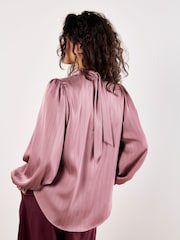 Apricot Purple Satin Self Stripe Tie Back Top - Image 3 of 4