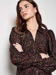 Apricot Brown Printed Ruched Long Sleeve Midi Dress - Image 4 of 4