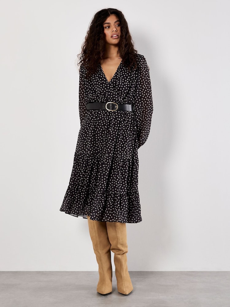 Apricot Black Polka Dot Chiffon Wrap Long Sleeve Dress - Image 1 of 5 Apricot Black Polka Dot Chiffon Wrap Long Sleeve Dress - Image 1 of 5
