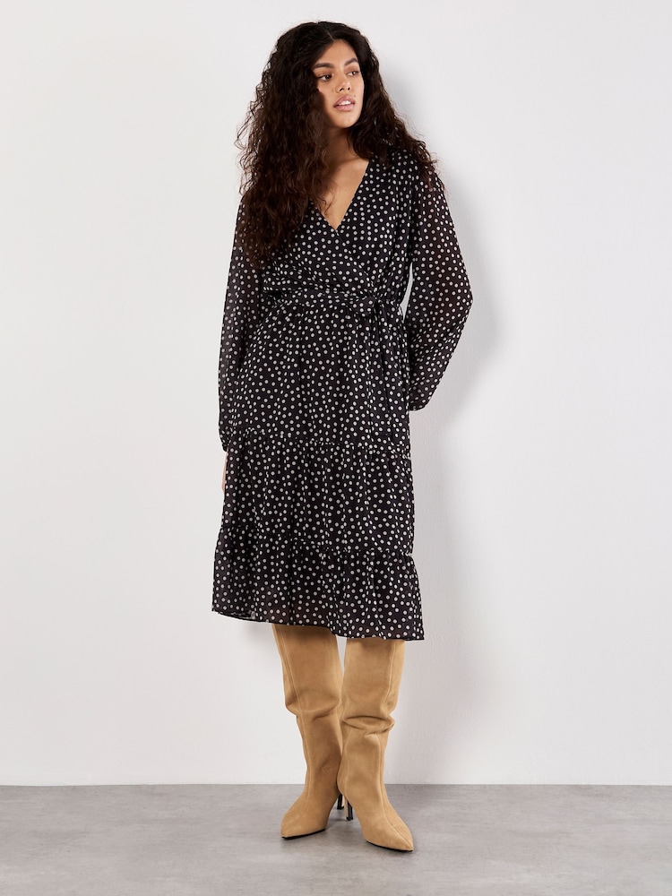 Apricot Black Polka Dot Chiffon Wrap Long Sleeve Dress - Image 5 of 5 Apricot Black Polka Dot Chiffon Wrap Long Sleeve Dress - Image 5 of 5