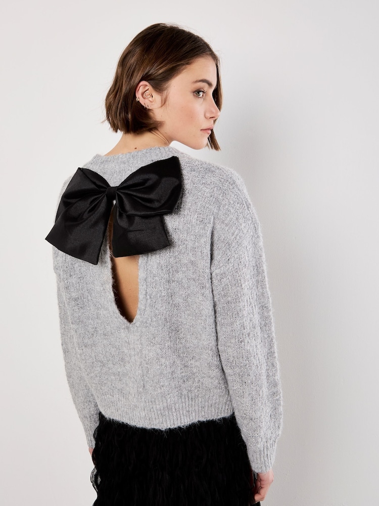 Apricot Grey Bow Back Fuzzy Jumper - Image 2 of 4 Apricot Grey Bow Back Fuzzy Jumper - Image 2 of 4