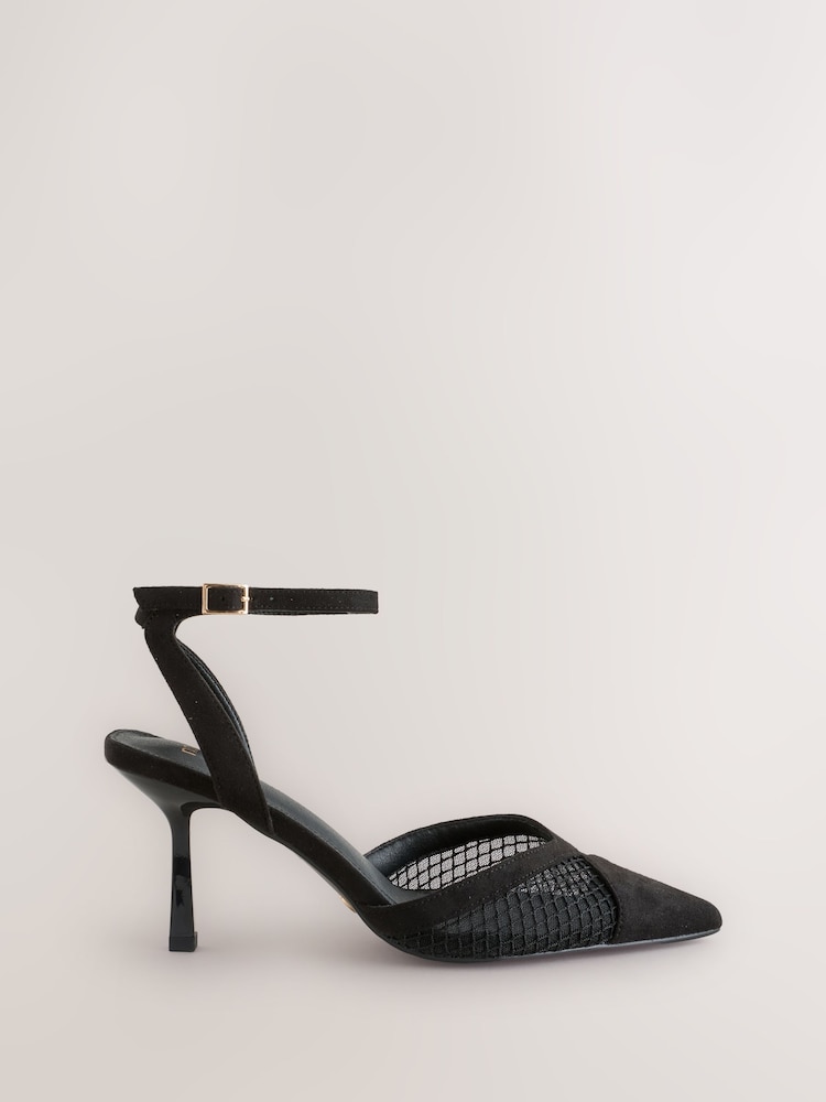Novo Black Wide Fit Icy Mesh Ankle Strap Stiletto Courts - Image 1 of 1