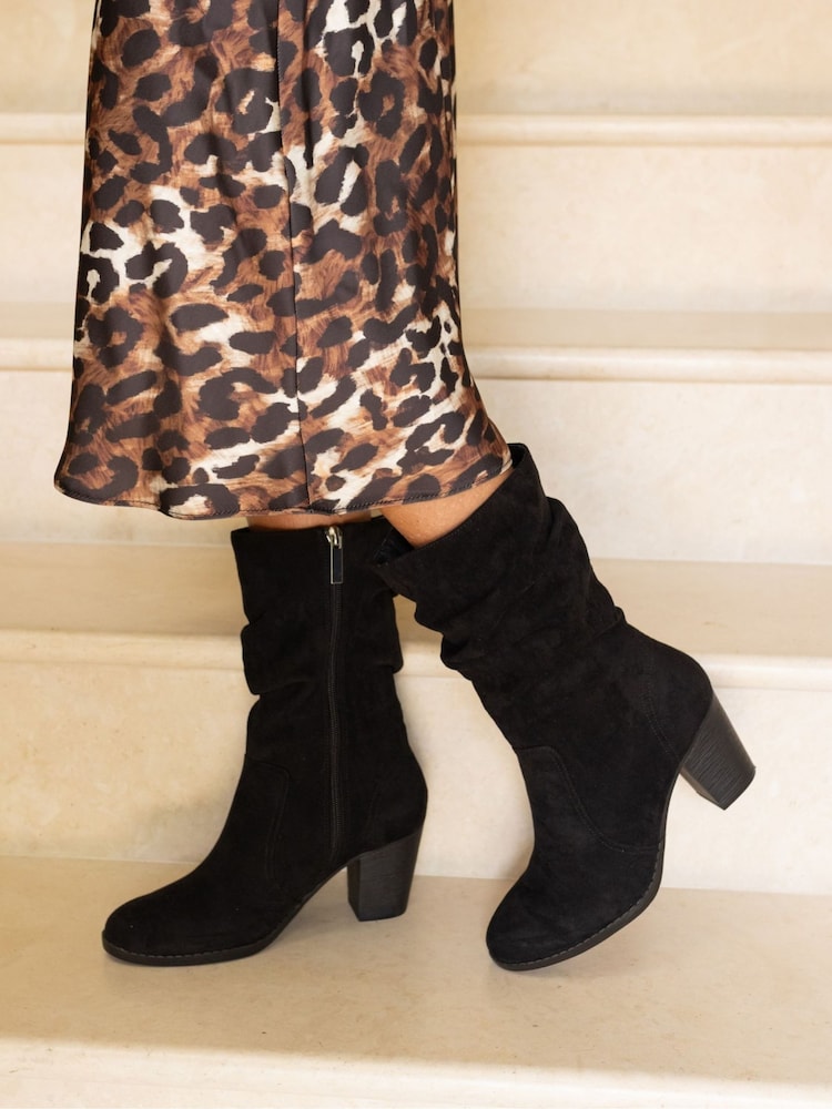 Novo Black Standard Fit Joany Block Heel Slouch Ruched Ankle Boots - Image 1 of 6