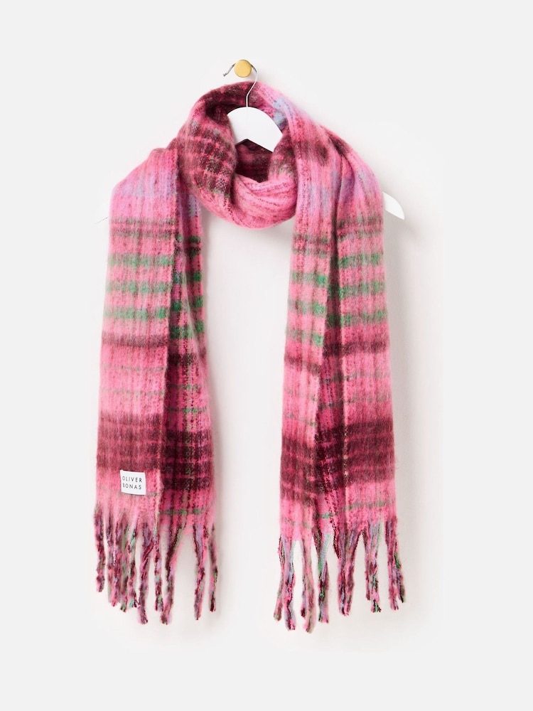 Oliver Bonas Pink Checked Logo Heavyweight Scarf - Image 1 of 6