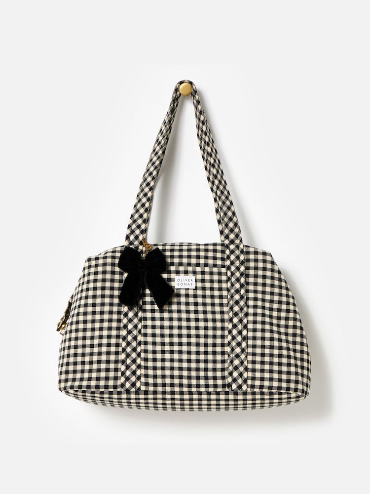 Oliver Bonas Black Gingham Weekend Bag - Image 2 of 6