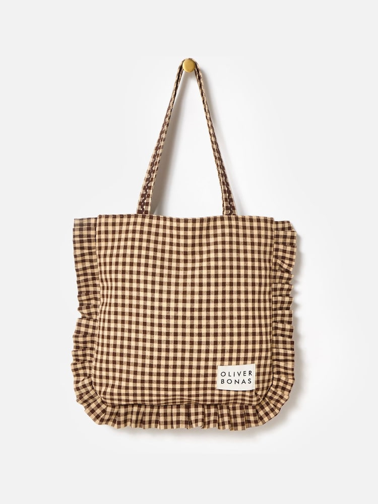 Oliver Bonas Brown Gingham Ruffle Tote Bag - Image 2 of 6 Oliver Bonas Brown Gingham Ruffle Tote Bag - Image 2 of 6